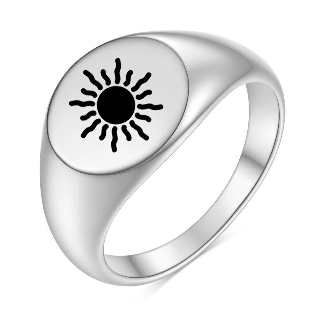 European & American 12MM Engraved Sun Stainless Steel 18K Gold Women s Ring - Fashionable, Hot-Selling, Cross-Border Design. Size 9