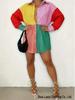 Colorful Patchwork Long Sleeve Retro Lapel Shirt - Plus Size