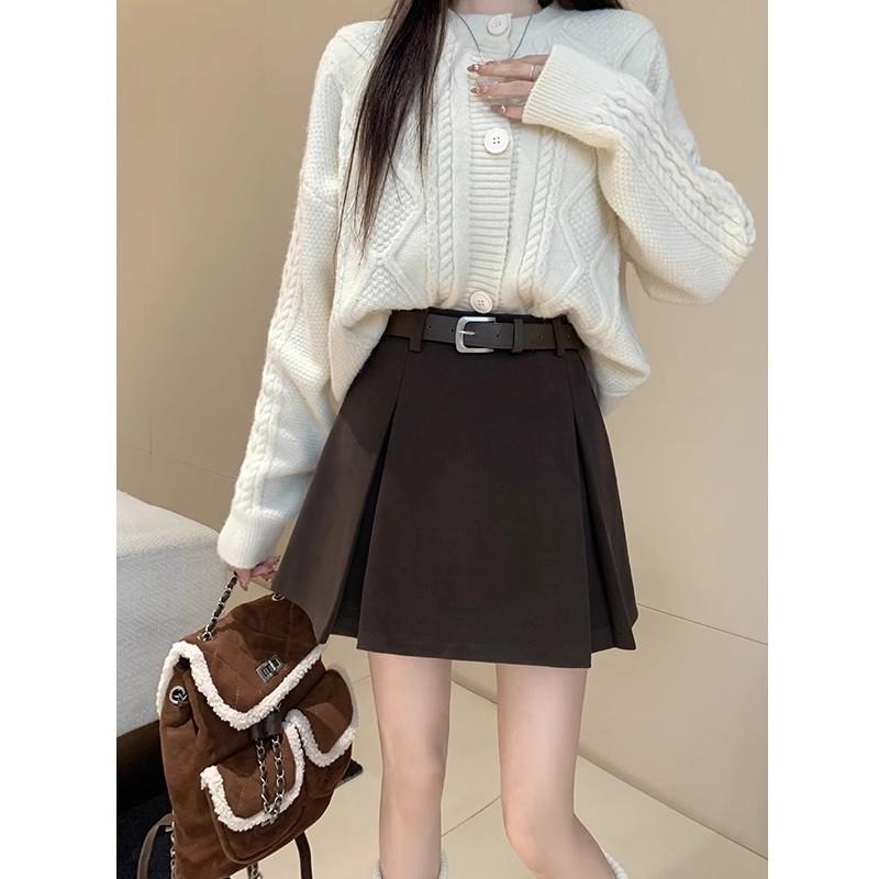 

Women s Autumn Winter Coffee Brown Wool High-Waisted Short Skirt Petite A-Line Casual Design-forward Slimming All-match Versatile Pleated Skirt 4XL