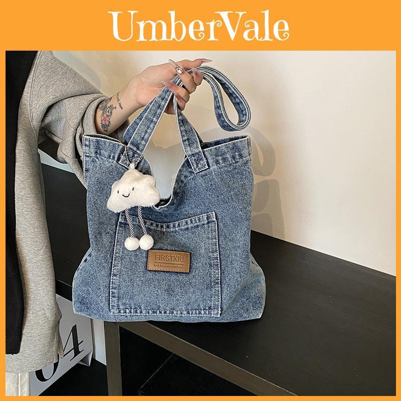 Large Capacity Denim Tote Bag With Car Stitching For Everyday Outfits