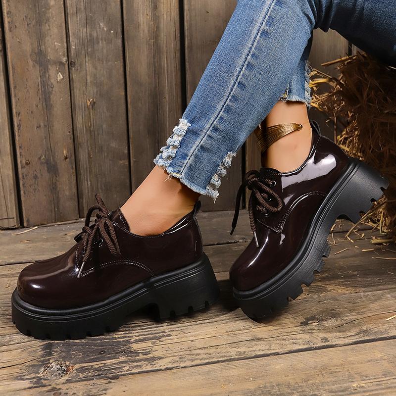 Lucyever Lakované kožené boty Oxford Dámské 2024 Punkový styl Šněrovací platformové boty Dámské Kolegiální styl Silná podrážka Studentské boty
