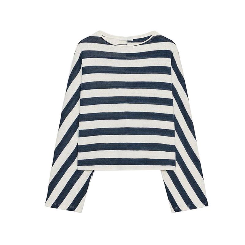 Fall New Women's Clothing French Cotton Loose round Neck Batwing Long Sleeve Stripes Fashion Tops 1165260