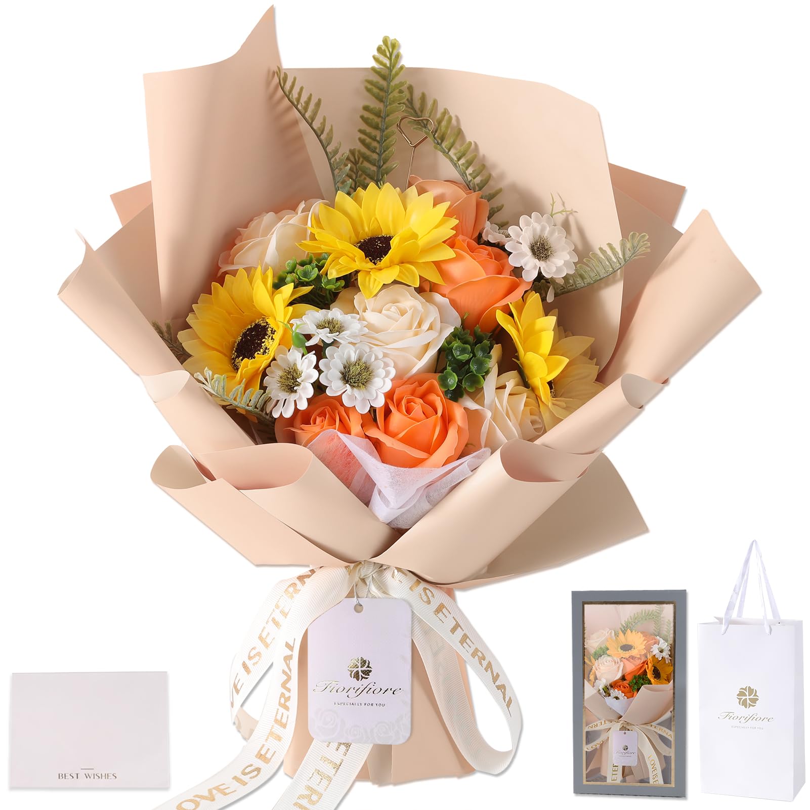 

Fiorifiore Soap Flowers Sunflower Bouquet Day Gift Popular Present Day Birthday Artificial Flowers Daisy Roses Women Graduation Retirement Farewell