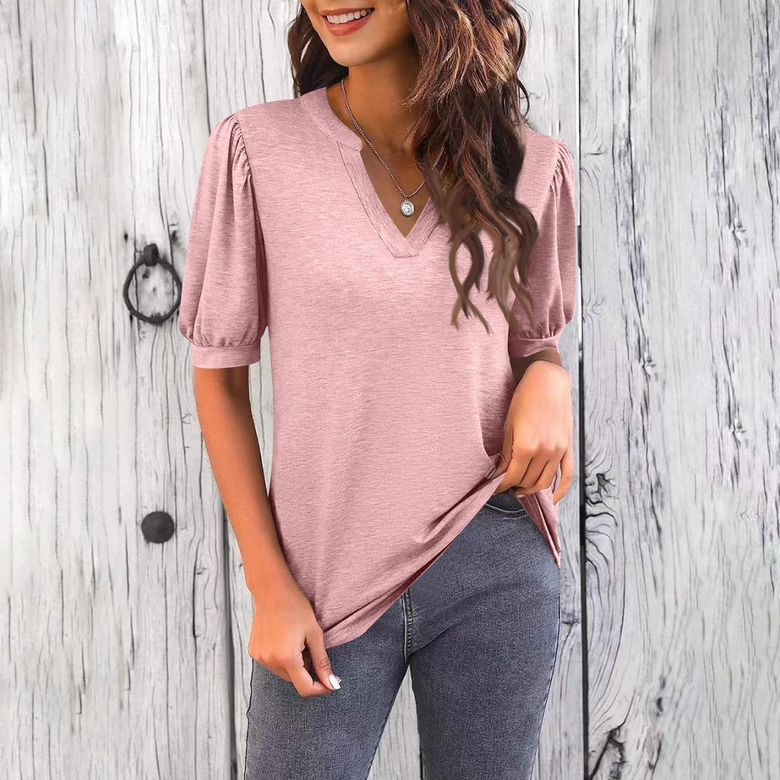

Women s Summer Casual Tops Color V-neck Puff Sleeves Five-quarter Sleeves T-shirt S