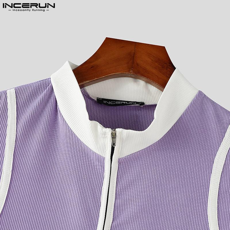 INCERUN Summer Men Cutout Sleeveless Stitching Zipper Up Casual Tank Tops T-shirts