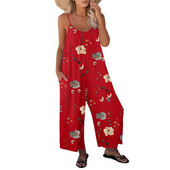 Summer Women Jumpsuit Adjustable Spaghetti Strap Backless Sleeveless Wide Leg Loose Floral Print Deep Crotch Side Pockets Pleated Vacation