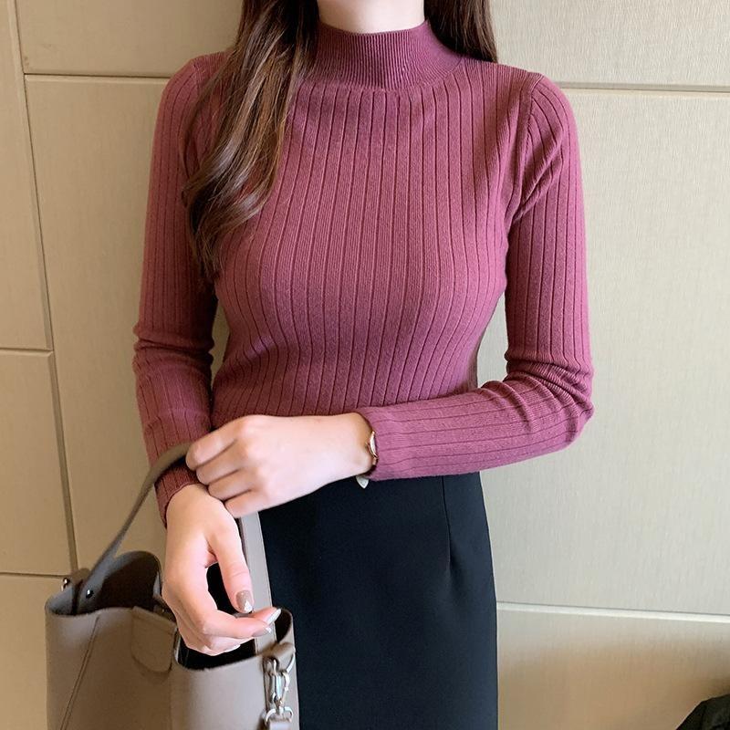 Women Autumn Winter Half High Collar Ribbed Knitted Sweater Solid Color Long Sleeve Slim-fit Pullovers