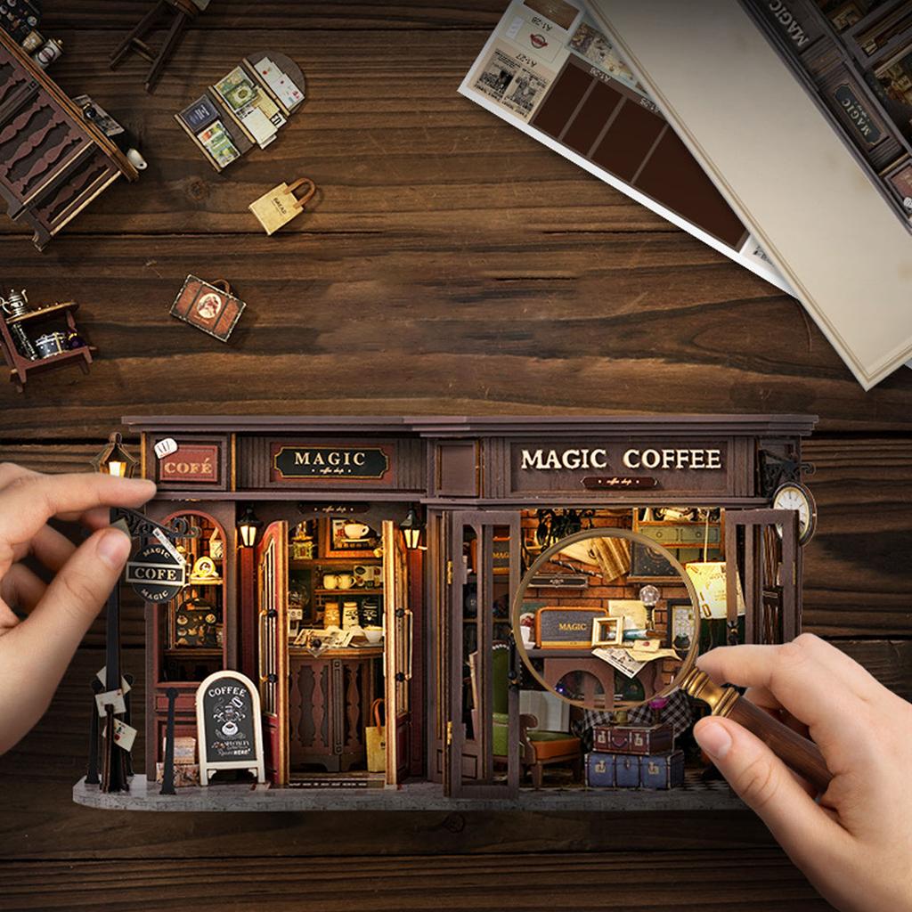 DIY Miniature Cafe House Kit Coffee Shop Tiny House Making Kit with LED Dark Brown Vintage Brick Wall Xmas Birthday Decorations