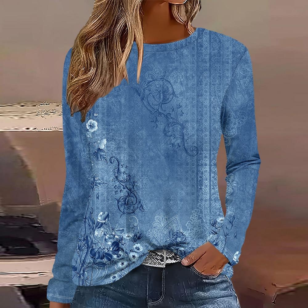 Summer New Fashion Women's Casual Long-sleeved Printed T-shirt Top