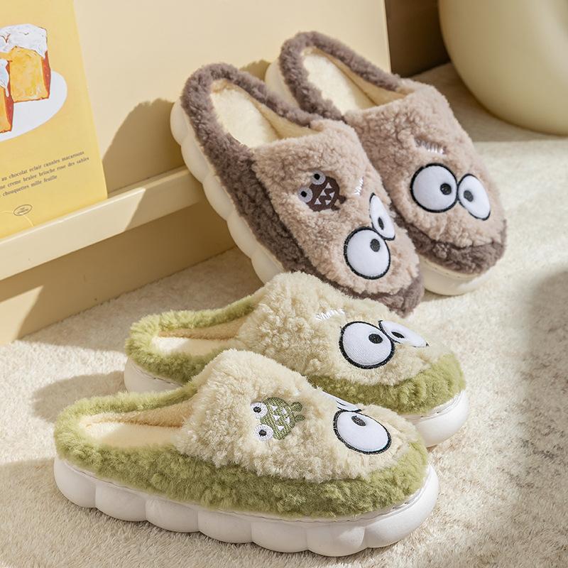 Big eyes funny cotton slippers indoor home cute soft bottom non-slip plush warm couple plush slippers