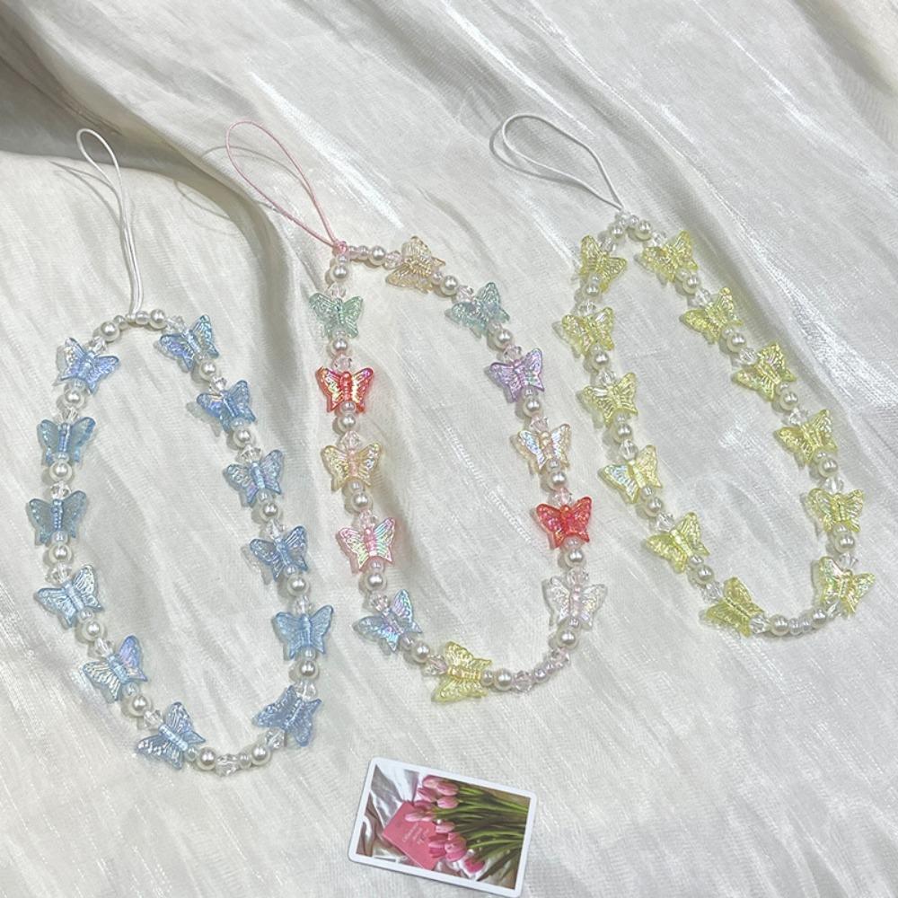 Y2K Candy Colors Cellphone Keychain Butterfly Beaded Butterfly Mobile Phone Chain  Pendant