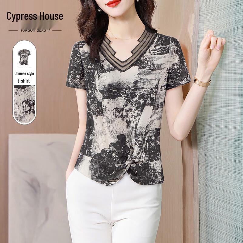 Sybaiye Women s Chinese Style V-Neck Short Sleeve T-Shirt S