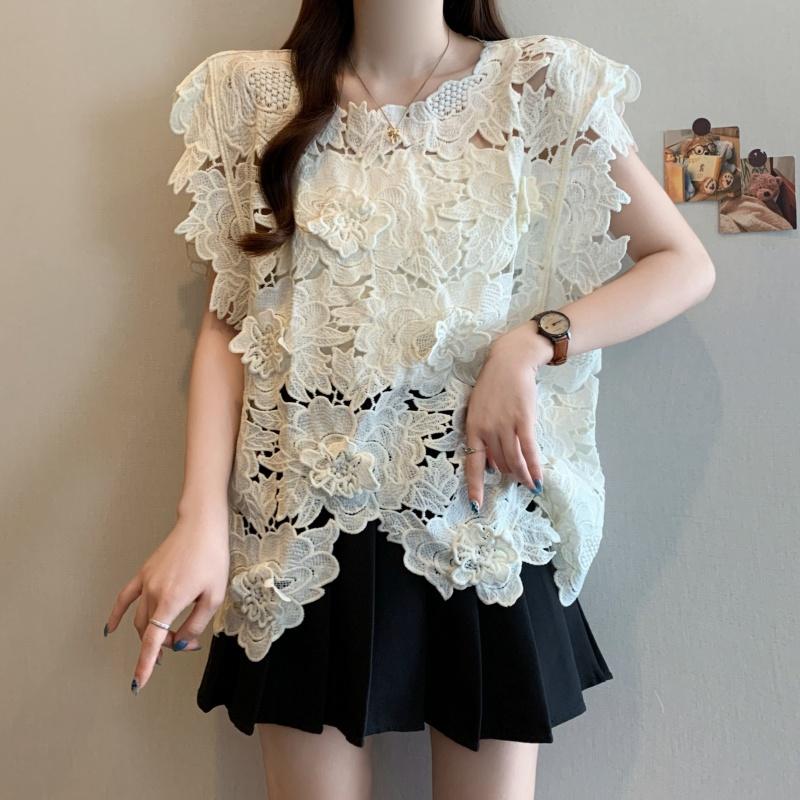 DIMANAF 2025 New Summer T-Shirt Women Basic Knitting Lace Vest Sleeveless Hollow Style Tops Loose