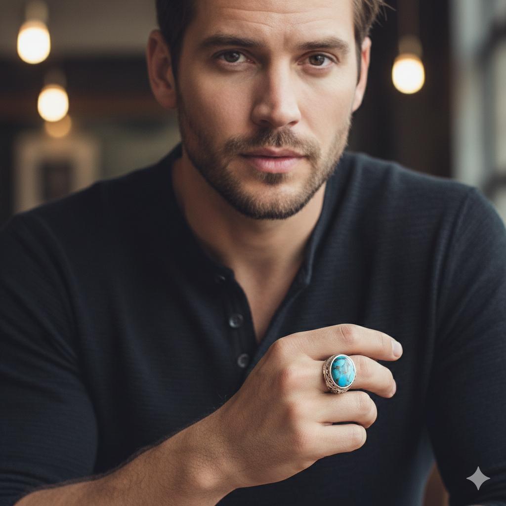 Vintage Herrring Turkos Ädelstensring Antik 925 Sterling Silver Filigran Design Bohemisk Punkstil Statement Smycke