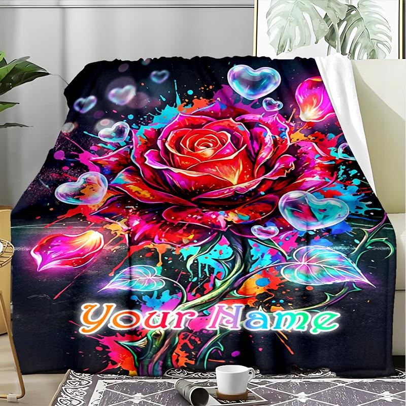 1PC Custom Name Colorful Rose Fantasy Flannel Blanket Versatile,all-season Throw Suitable for the Living Room,bedroom,camping,travel,and Gift