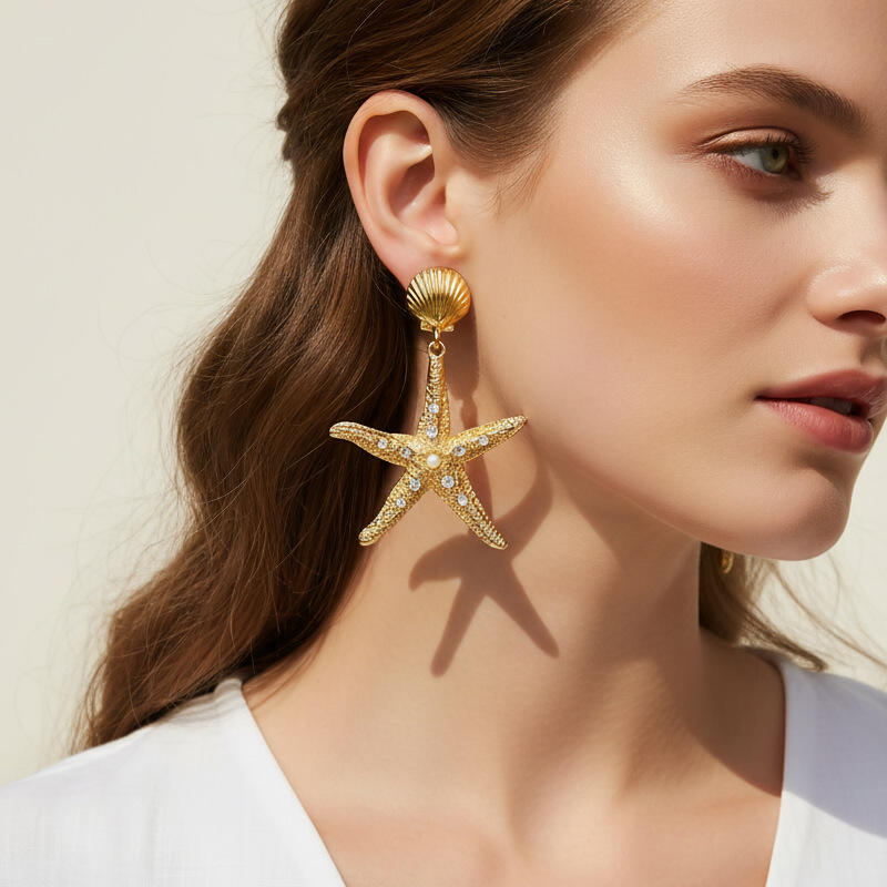 Exaggerated Texture Large Star Shell Drop Earrings for Women Ladies Bohemian Vacation Style Dangle Earrings Jewelry Accessories
