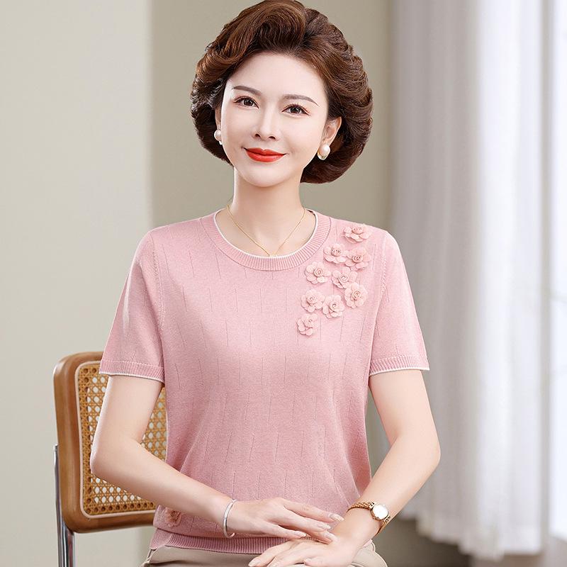 Women's Summer Loose Short Sleeve Knitwear - Ice Silk Top for Middle-Aged & Elderly