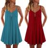 Women V Neck Sleeveless Buttons Pleated Large Hem Sundress Knee-length Dress