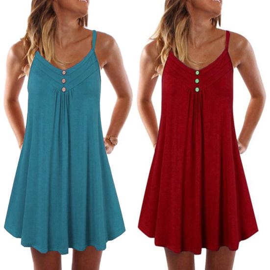 Women V Neck Sleeveless Buttons Pleated Large Hem Sundress Knee-length Dress
