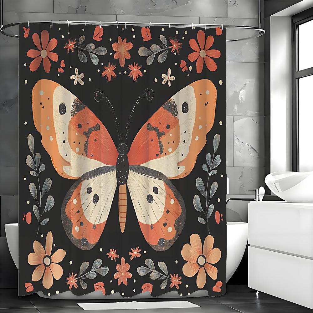 Schmetterling Floral Duschvorhang, Badezimmer Dekorativer Duschvorhang, Wasserdichter Duschvorhang mit Haken