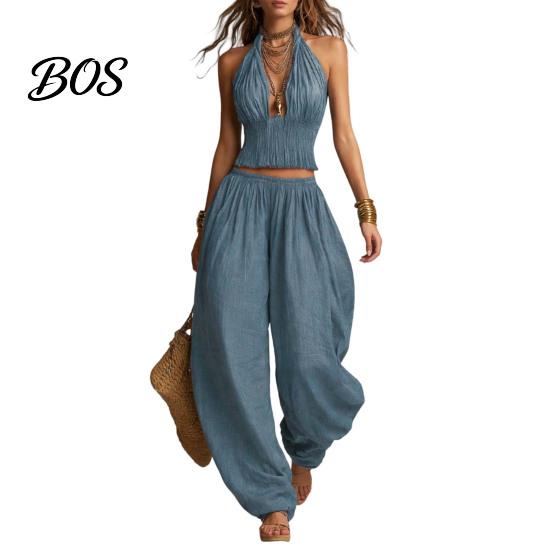 Everyday Wear For Women Women's Halter Sleeveless Summer 2 Piece Sets, Pleated Ruffle Backless Skin-friendly Fabric Clothes V Neck Top And Wide