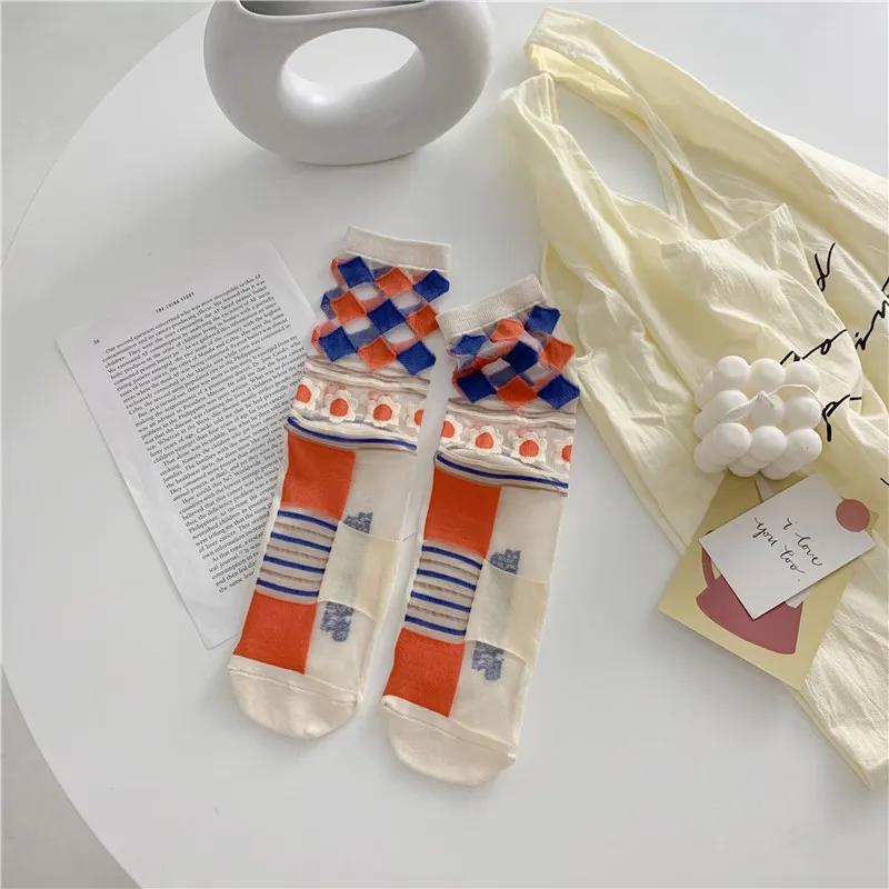 Chaussettes Sexy Coréennes en Dentelle Fleurie en Soie de Verre Marée Nouveauté Harajuku Rétro Chaussettes en Soie Cristal Ultra-fines Transparentes Longues
