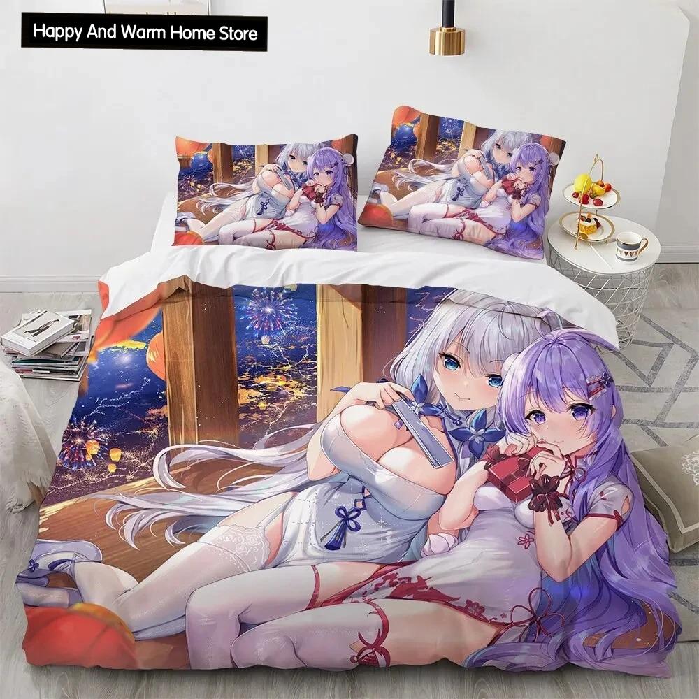 Set de lenjerie de pat pentru fete Kawaii Anime sexy, cuvertură de pilotă Set pat cuvertură husă de pilota pentru fată de pernă, King Queen Twin Size Băieți Fete Adulti