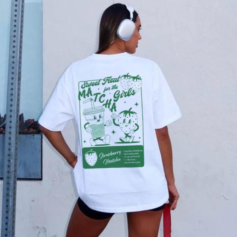 Retro Cartoon Strawberry Matcha TShirts Funny Matcha Lover T Shirt Loose Cute Aesthetic Graphic Tees Women Fashion Clothes Gift S