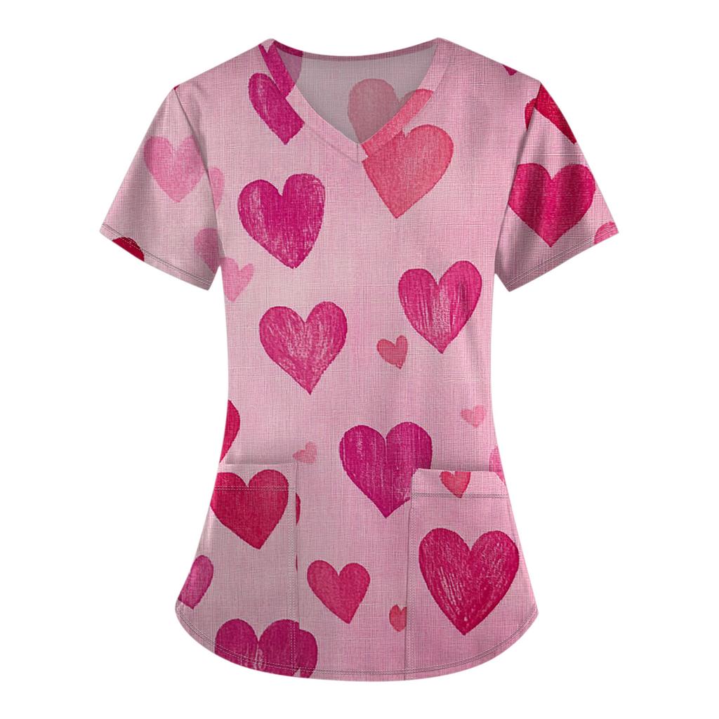 Women's Fashion V-Neck Short Sleeve Overalls With Pocket Valentine's Day Printed Tops  Clothes