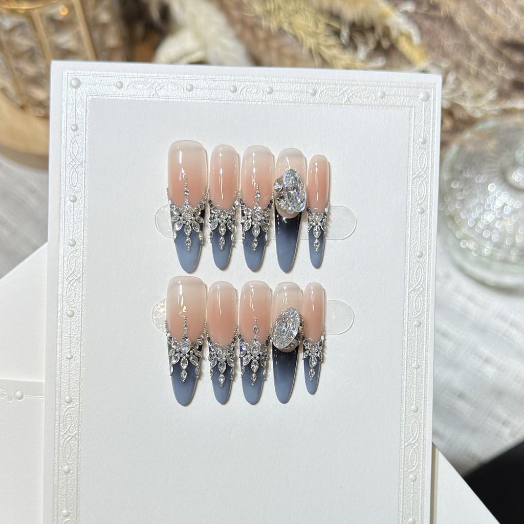Handmade Press On Nail French High-end Blue Sparkling 3D Diamond Light Luxury Long Stiletto Fake Nail Patch Artificial Nail Reusable