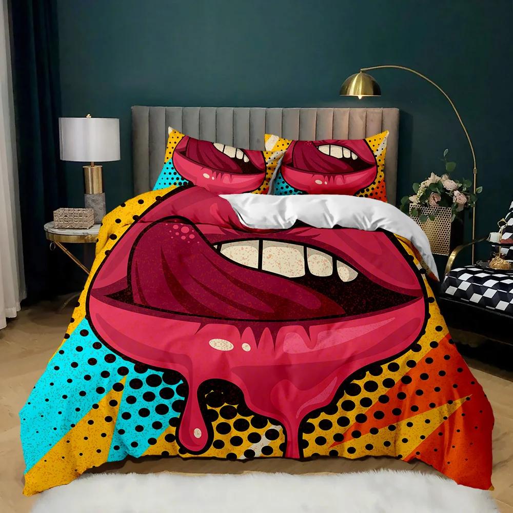 Lip Duvet Cover Set Golden Lip Bedding Set Sexy Adult Couple Twin Polyester Comforter Cover 3D Kiss Marks Double Queen King Size