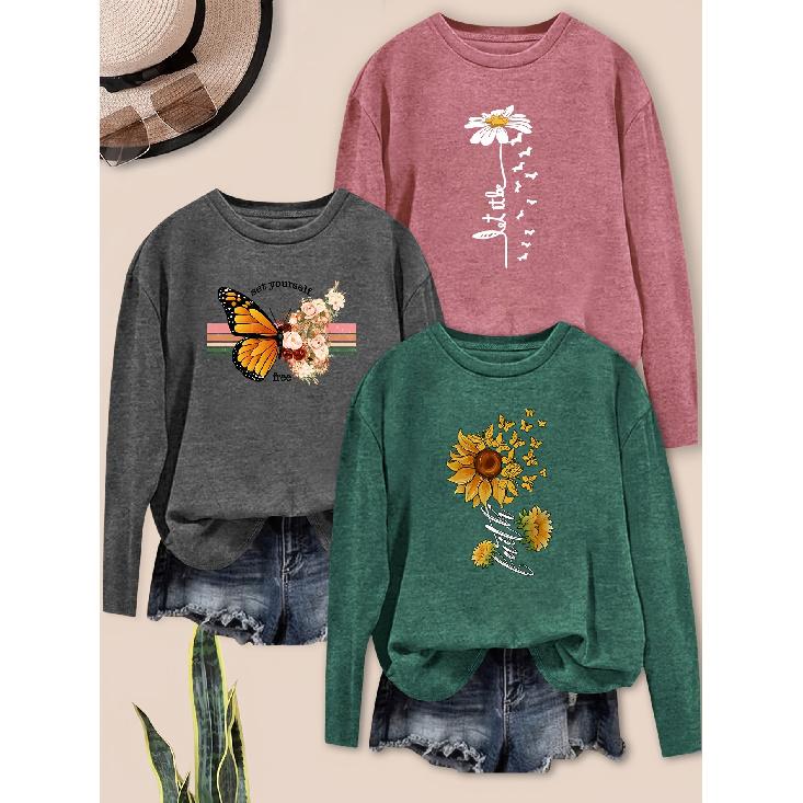 Fashionable Women's Elegant Floral Butterfly Letter Combination Print Pattern Round Neck3Long-sleeved outfit T Shirts for women in spring, summer,