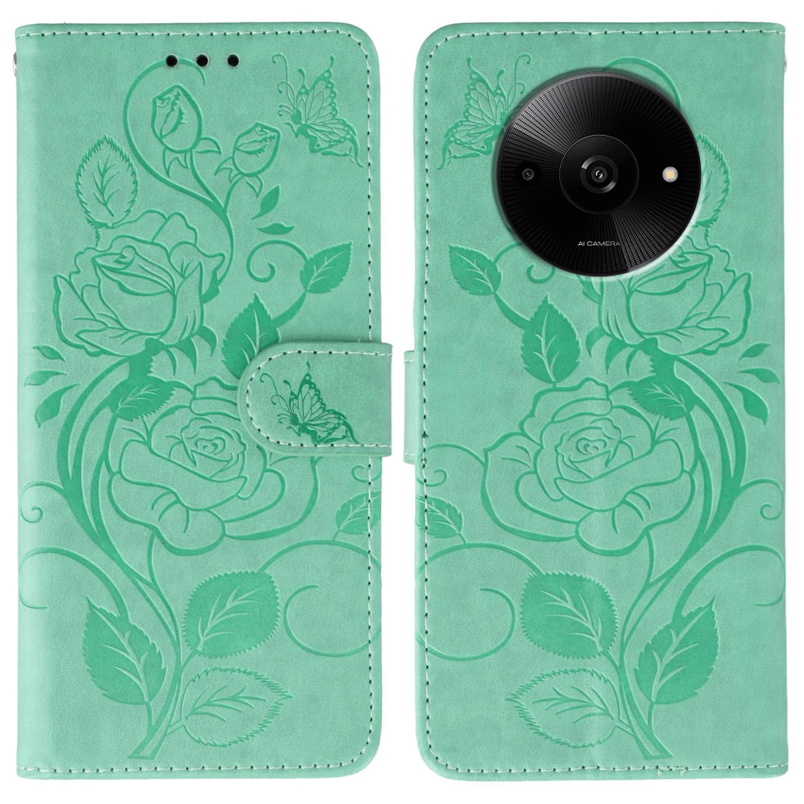 

For Xiaomi Poco C61 4G/Redmi A3 4G Case Wallet Stand Imprinted Rose Butterfly PU Leather Phone Cover Green