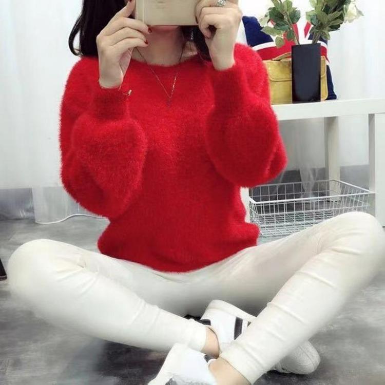 Pullover Elastici Casual da Donna Maglione Invernale Top Lavorati a Maglia Lisci Scollo a O Manica Lunga a Palloncino Imita Pelliccia di Vison Pile