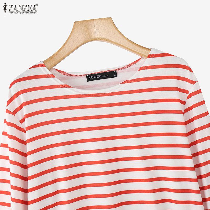 ZANZEA Bluză lejeră, cu mâneci lungi, în dungi, cu gât rotund