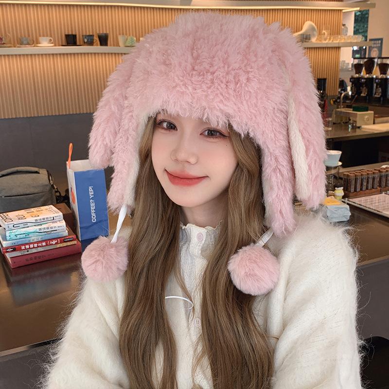Winter Thickened White Plush Cartoon Rabbit Ears Female Age Reduction Sweet and Cute Ear Protection Warm Pullover Cap