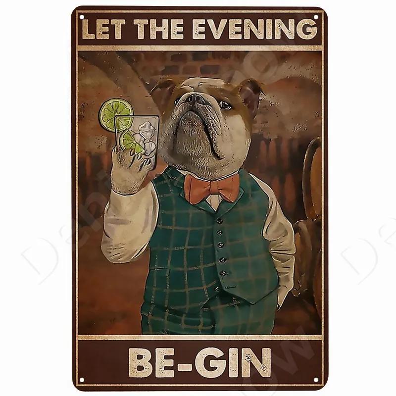 Cats and Wine Vintage Metal Sign Dog and Beer Wall Decoration for Bar Home Club Let Evening Be-Gin Tin Poster Funny Plate