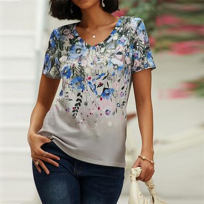 Women's V-neck Short Sleeved Blue Floral Print Top Loose T-shirt Casual Shirt