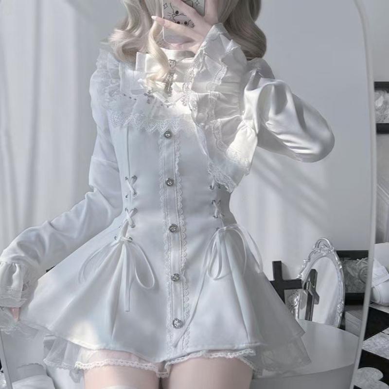 Conjunto de Vestido Gótico Lolita Japonés para Mujer Harajuku Y2k Lazo Encaje Volantes Cuello Mini Vestidos Femenino Elegante Fiesta Vestido Lindo