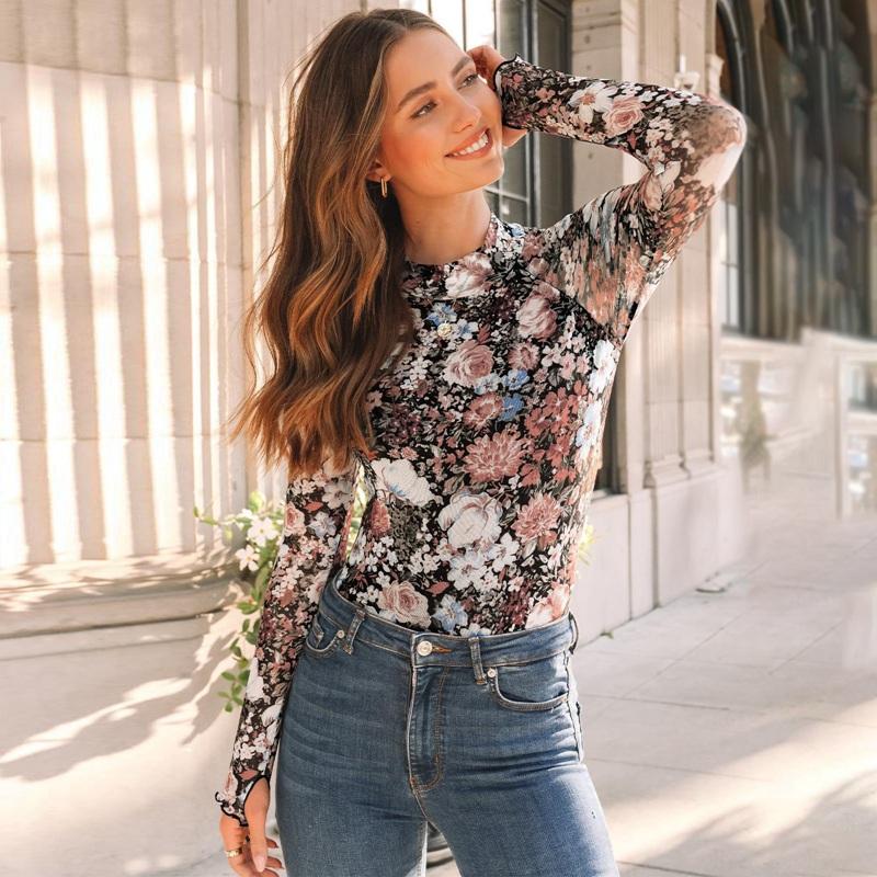 Women's Mesh Floral Print Slim Tops Long-sleeved Pullover