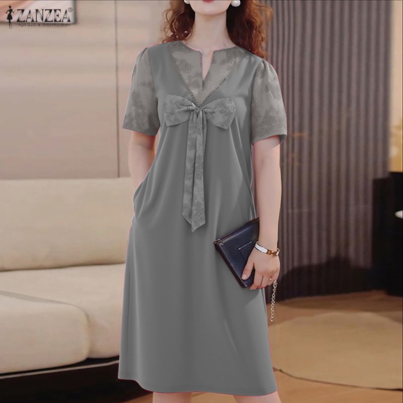ZANZEA Elegant Womens Casual Round Neck Short Sleeve Splice Dress