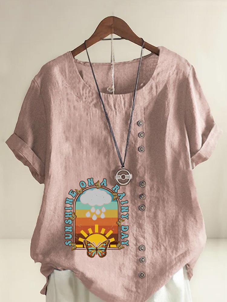 Women s Fashion Letter Butterfly Print Shot Sleeve T-shirt Loose Cotton Shirt Casual Loose Summer Blouse Tops Plus Size S розовый