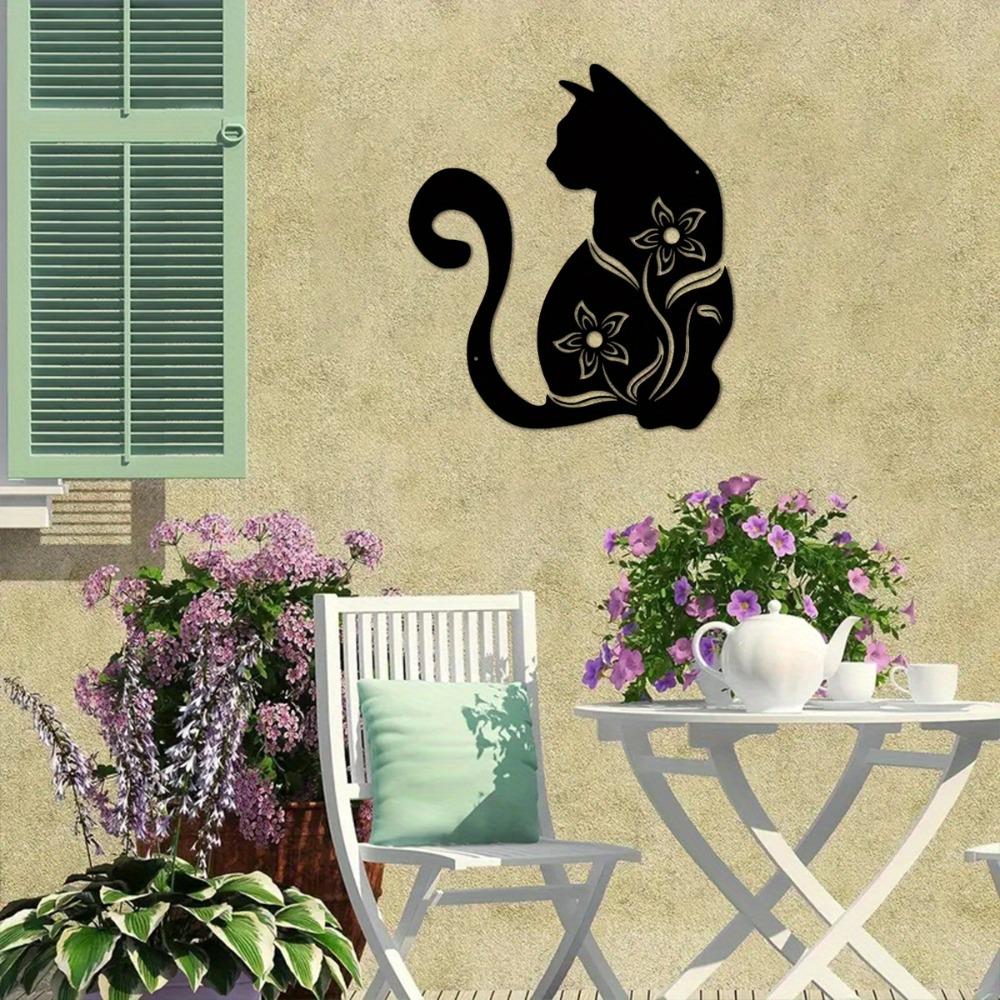 1pc Black Cat Metal Wall Art Floral Accents Home Decor 15.74 Inch for Living Room Bedroom Kitchen Outdoor Cat Decoration