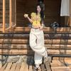 Yellow Cargo Jeans Women High Waist Loose Wide Leg Pants