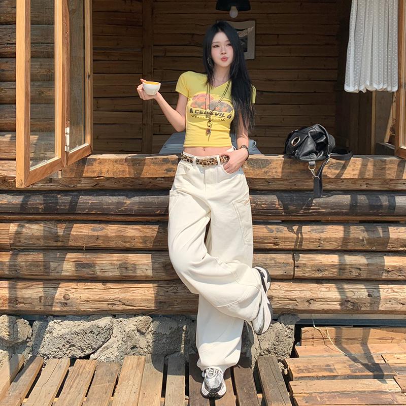 Yellow Cargo Jeans Women High Waist Loose Wide Leg Pants