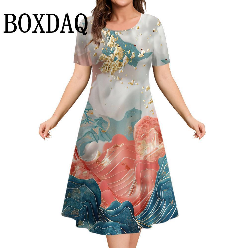 Marble Landscape 3D Printed Women's Clothing Summer Short Sleeve Elegant Party Dresses O-Neck Casual Painting Loose A-Line Dress