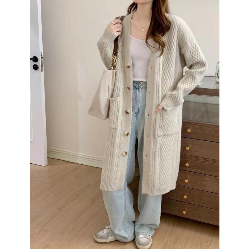 Long sweater jacket women's autumn new twist sweater cardigan long lazy thick knitted cardigan jacket