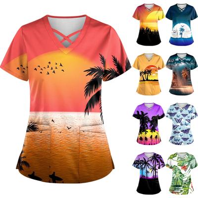 Women's Hawaii Printed Uniform Work Uniform V-Neck Pocket Protective Work Uniform