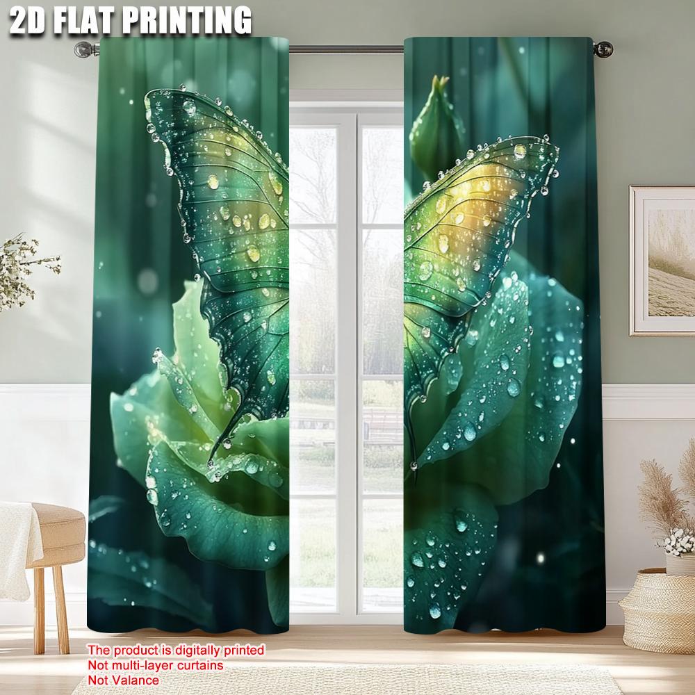 2pcs   Upscale Curtains 2D print Green Butterfly & Blooming Rose Versatile 100% Polyester (without rod) Stuff Clearance Perfect