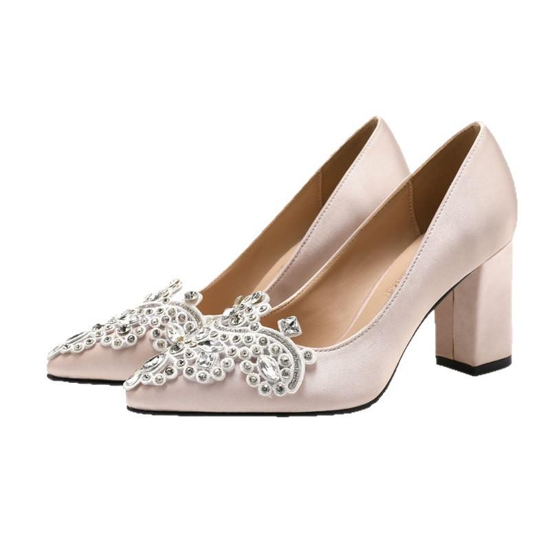 Sweet high heels rhinestone pointed heel satin satin cloth women's shallow mouth single shoes dress banquet bridesmaid wedding shoes